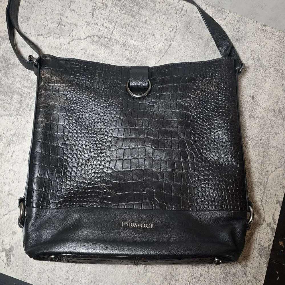 UNION CODE BLACK LEATHER CROCODILE CROSSBODY BAG GENUINE LEATHER LONG ADJ STRAP